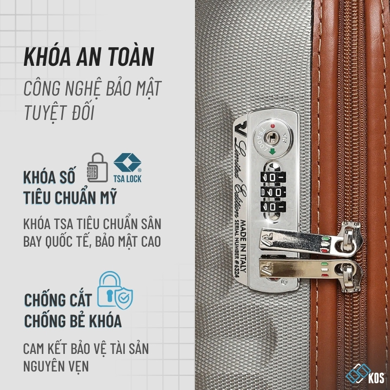 Vali k&eacute;o tại KOS được trang bị kho&aacute; an to&agrave;n ti&ecirc;u chuẩn Hoa Kỳ